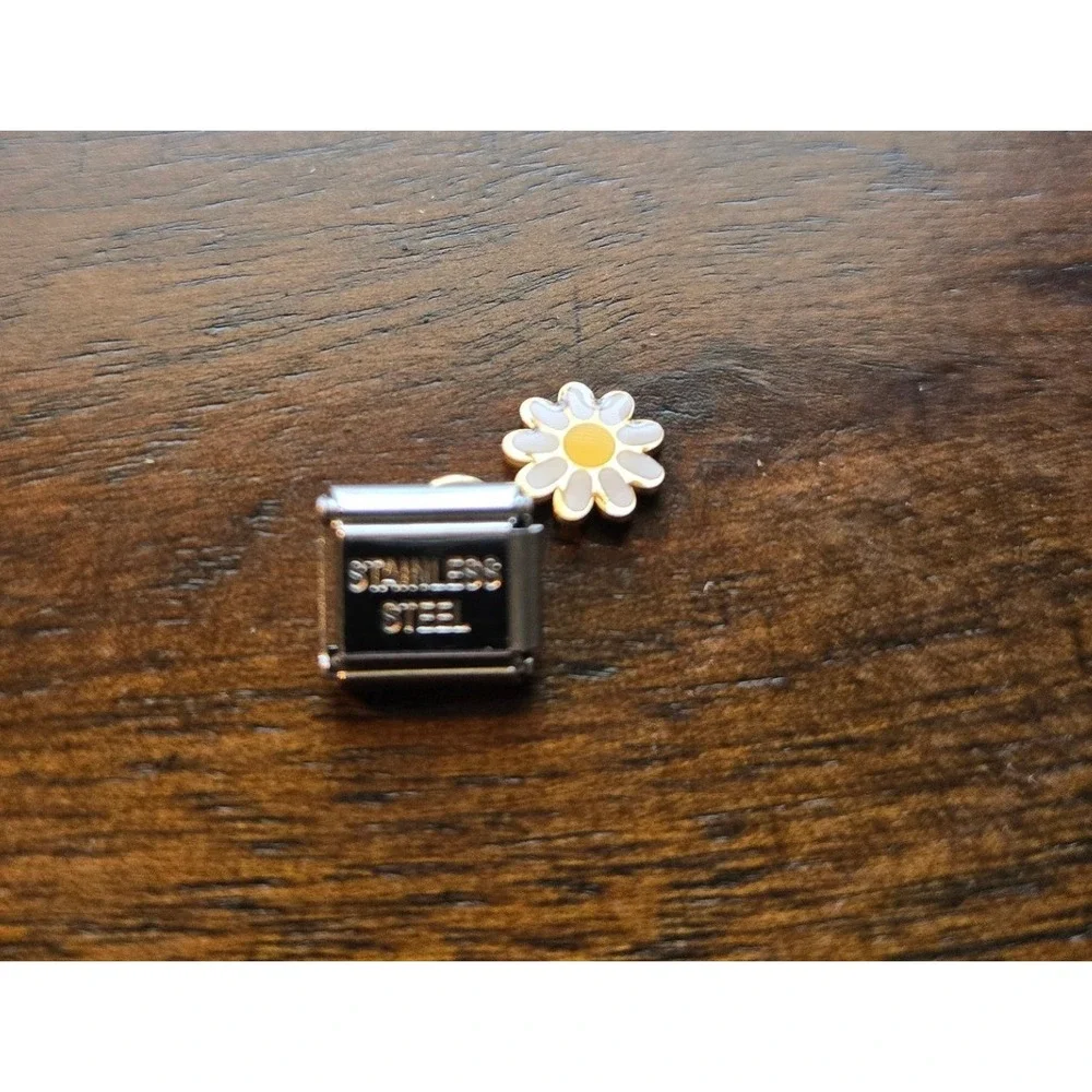 Daisy Flower Dangle Italian Charm Stainless Steel 9mm Modular Link White Yellow